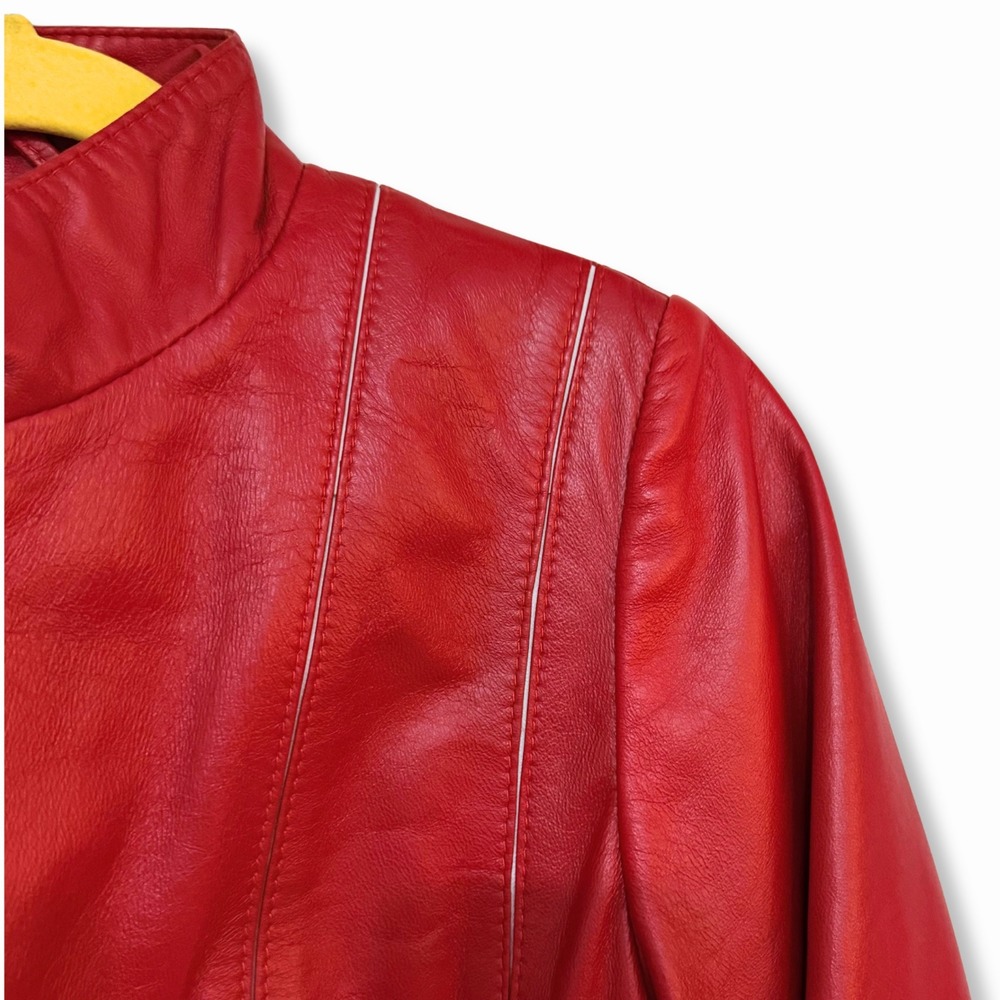 Savvidis Red Genuine Leather Jacket Womens L Handmade Greece Thriller Moto 1980s - Picture 3 of 9